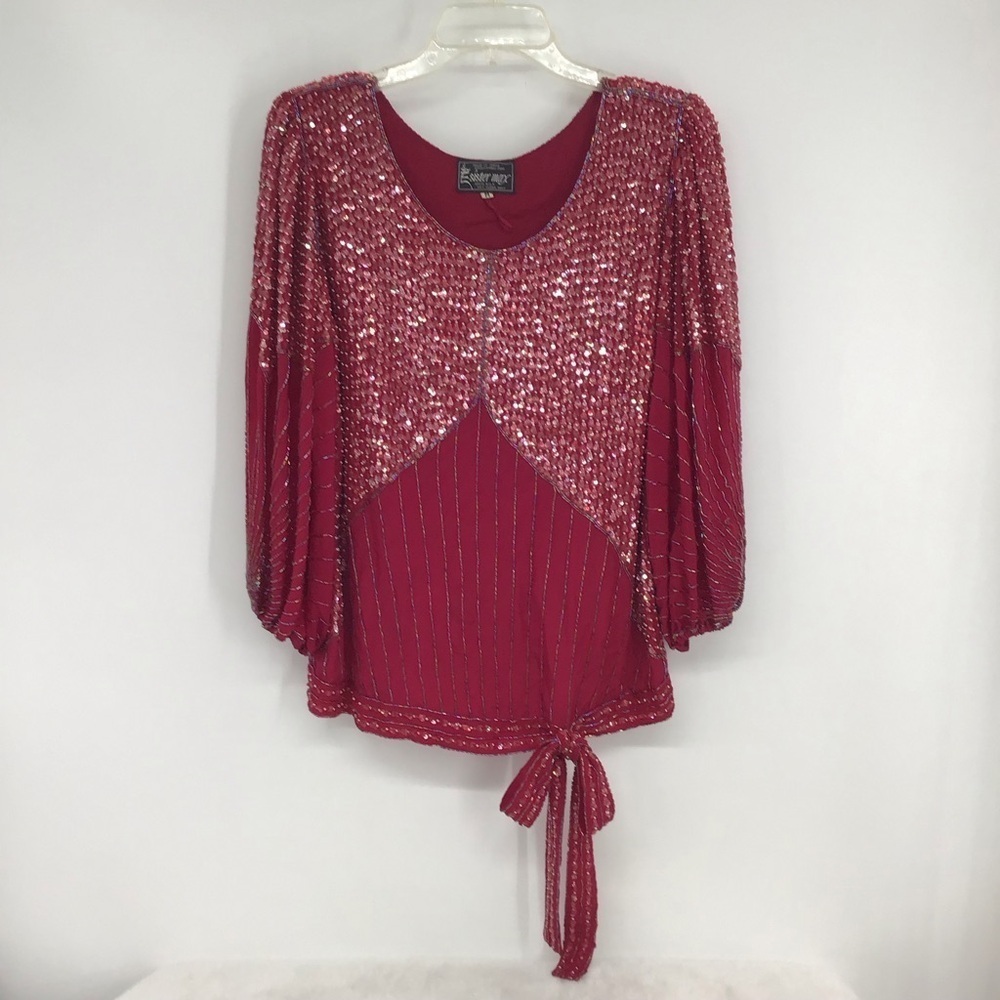Vintage Sister Max Sequined Beaded 100% Silk Long Sleeve Top Red Size Medium